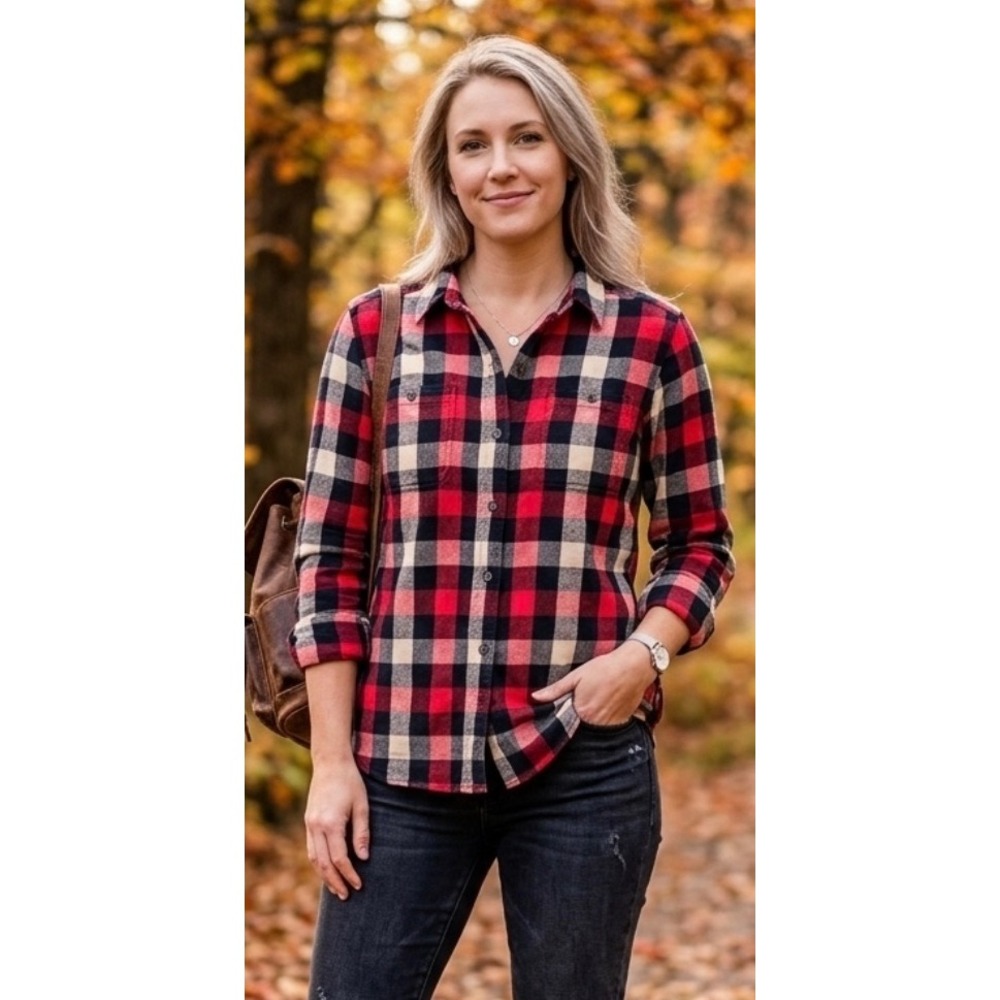Woolrich Womens Large L Flannel Shirt Red Black White Plaid Cotton Button Up